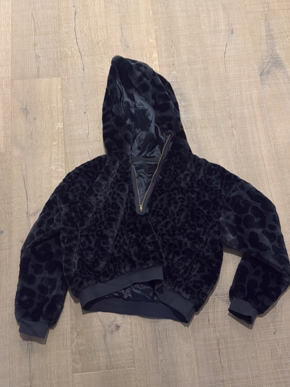 Jordan Black Leopard-Print Faux Fur Hooded Pullover